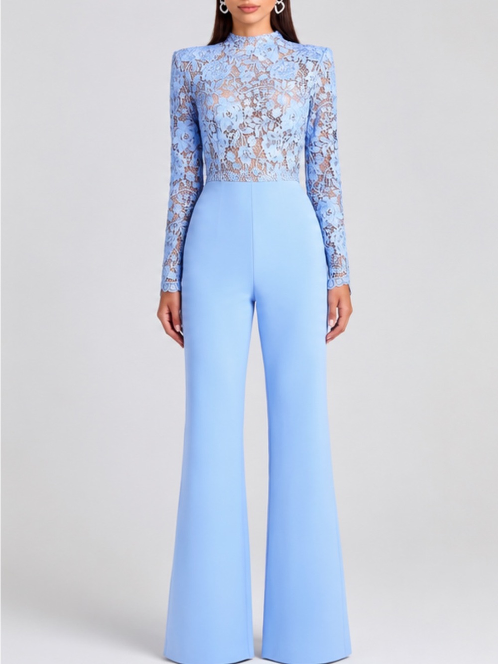 NADINE MERABI Maddie Lace Long Sleeve Wide Leg Jumpsuit Light/ Pastel Blue